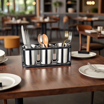 Restaurant Silverware Caddy with modern stainless steel design organizing utensils for a clean dining table setup