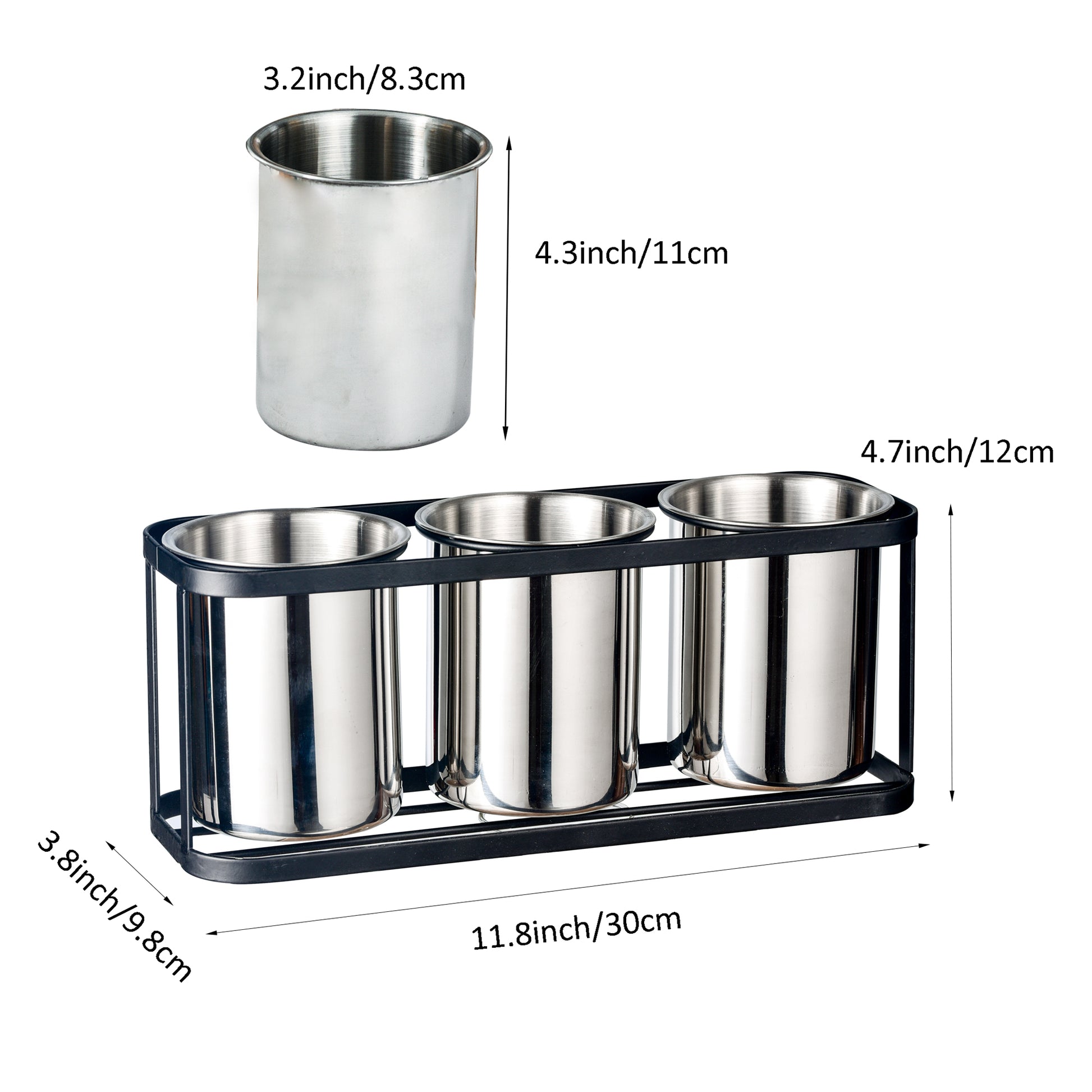 IMEEA Stainless Steel Silverware Caddy with detailed size measurements of the rack and removable containers
