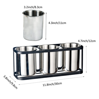 IMEEA Stainless Steel Silverware Caddy with detailed size measurements of the rack and removable containers