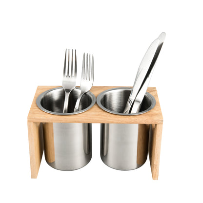 IMEEA Silverware Caddy Stainless Steel Flatware Holder with Wood Base for Kitchen Countertop