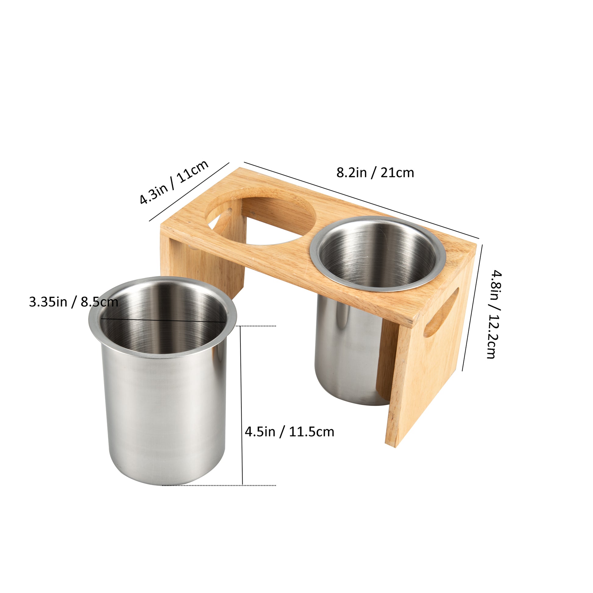 IMEEA Silverware Caddy Stainless Steel Flatware Holder with Wood Base showing individual 2-piece set dimensions
