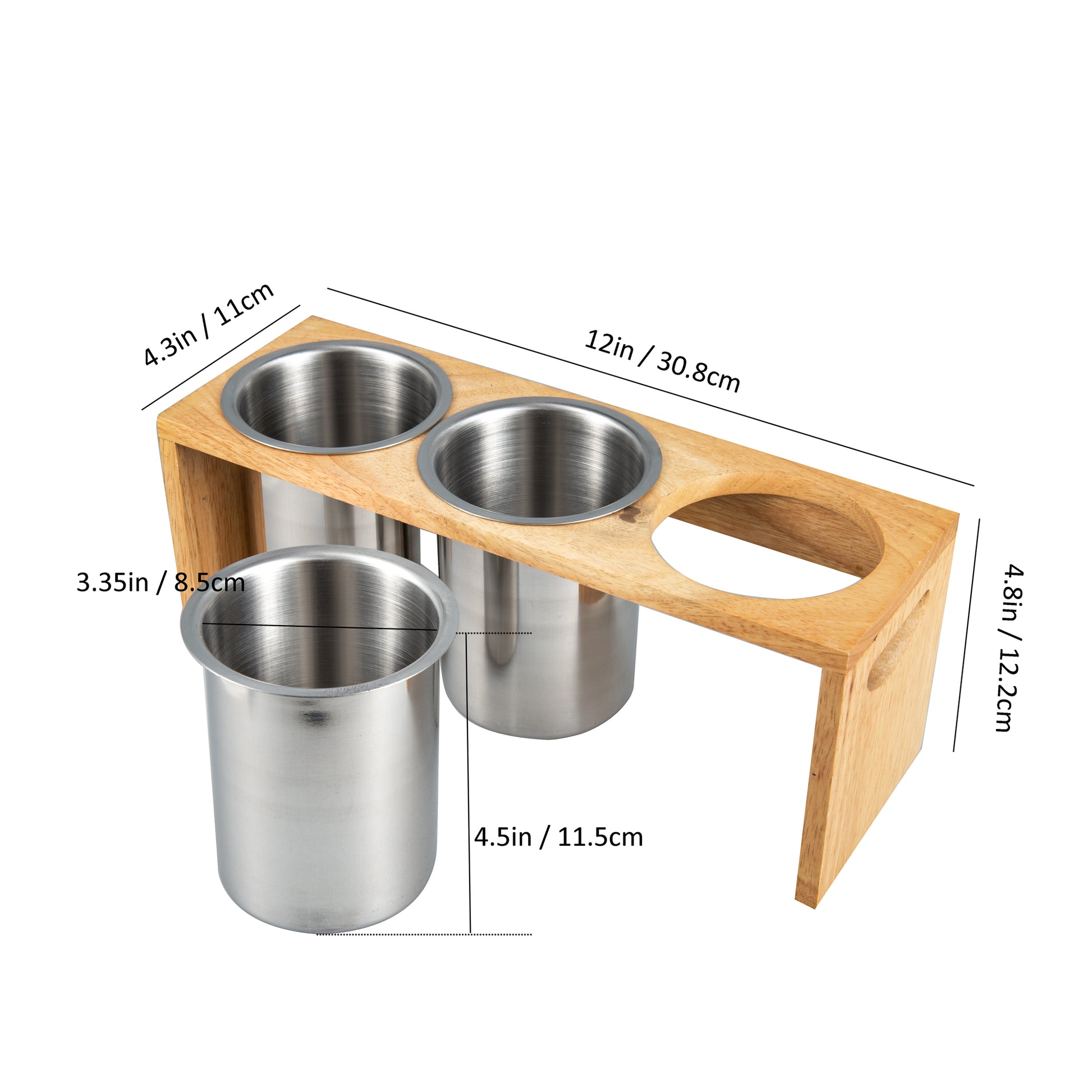 IMEEA Silverware Caddy Stainless Steel Flatware Holder with Wood Base 3-Piece Set Size Details