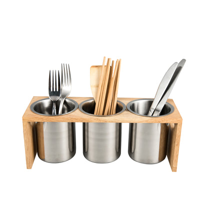 IMEEA Silverware Caddy Stainless Steel Utensil Holder with Wood Base for Kitchen Countertop Storage