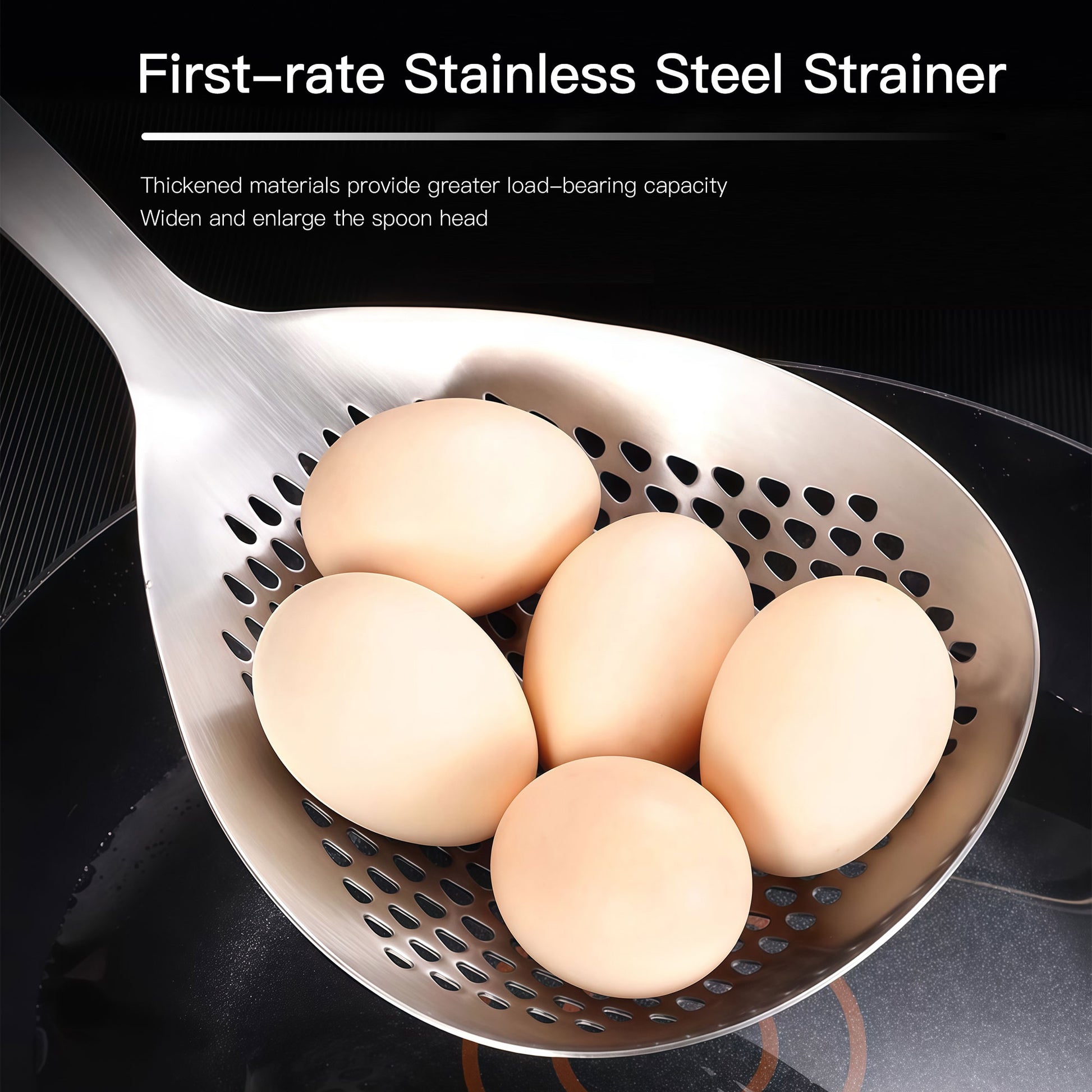 Large one-piece stainless steel skimmer ladle with a wide head that holds 5+ eggs