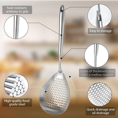 Food-grade all-stainless steel skimmer ladle with a seamless construction, hanging hole, and fine slots for quick draining and oil separation