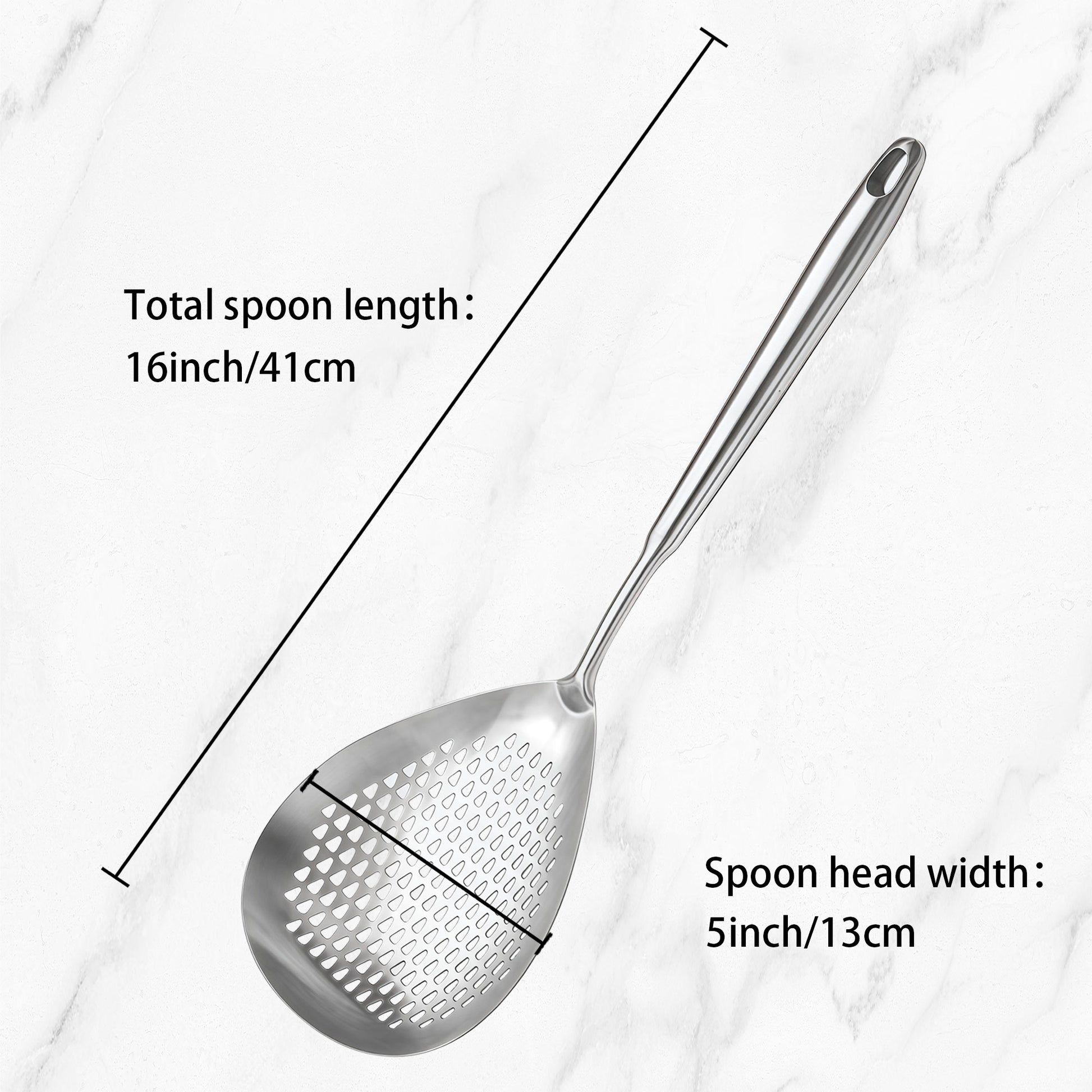 Deep bowl SUS304 stainless steel skimmer ladle with a 16-inch length and 5-inch wide head for easy scooping