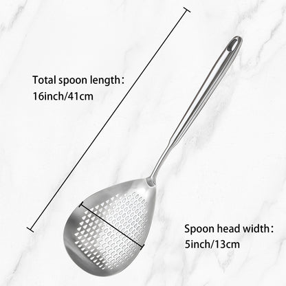 Deep bowl SUS304 stainless steel skimmer ladle with a 16-inch length and 5-inch wide head for easy scooping