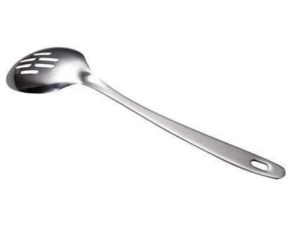 IMEEA stainless steel slotted serving spoon with perforated bowl design and 12.8-inch long handle for draining and serving
