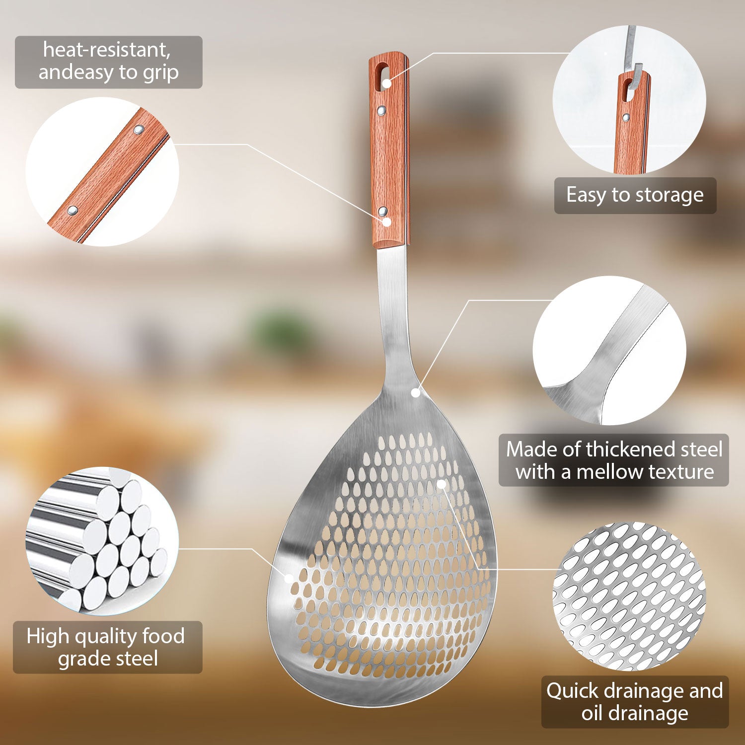 Food-grade stainless steel skimmer ladle with wooden handle, hanging hole, and fine slots for quick draining