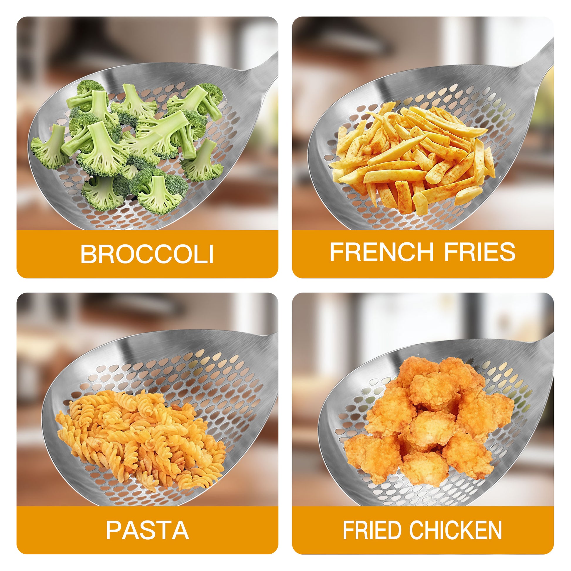 Multi-purpose stainless steel skimmer ladle for vegetables, fries, pasta, and more