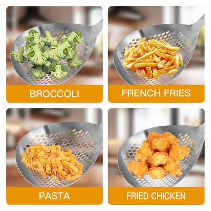 Multi-purpose stainless steel skimmer ladle for vegetables, fries, pasta, and more