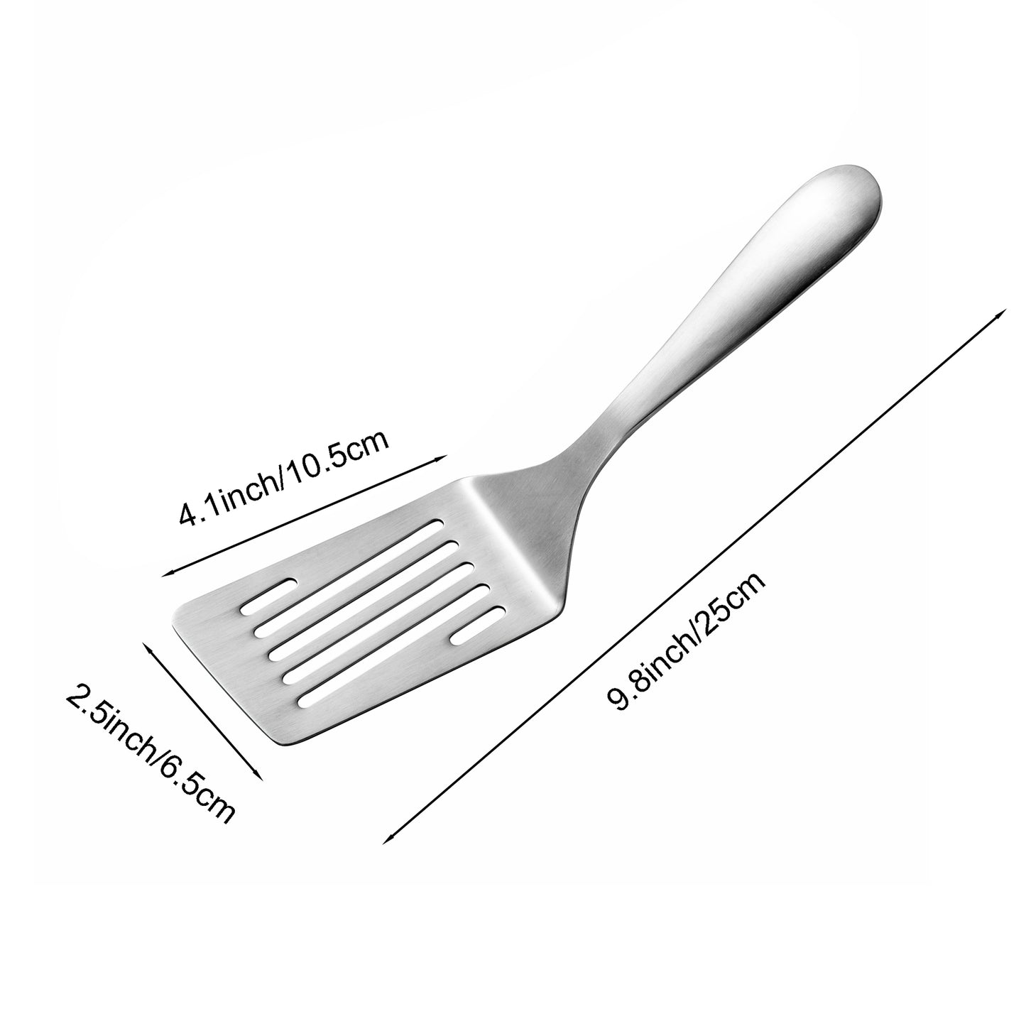 SUS304 Stainless Steel Slotted Spatula size diagram showing 9.8 inch length, 2.5 inch blade width, and 4.1 inch handle width