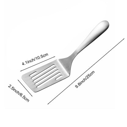 SUS304 Stainless Steel Slotted Spatula size diagram showing 9.8 inch length, 2.5 inch blade width, and 4.1 inch handle width