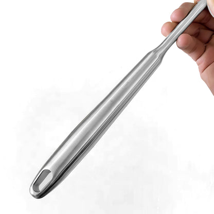 Long-handled stainless steel skimming ladle with smooth surface and ergonomic grip