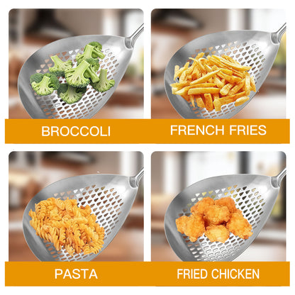 Multi-purpose stainless steel skimmer ladle for vegetables, fries, pasta, and more