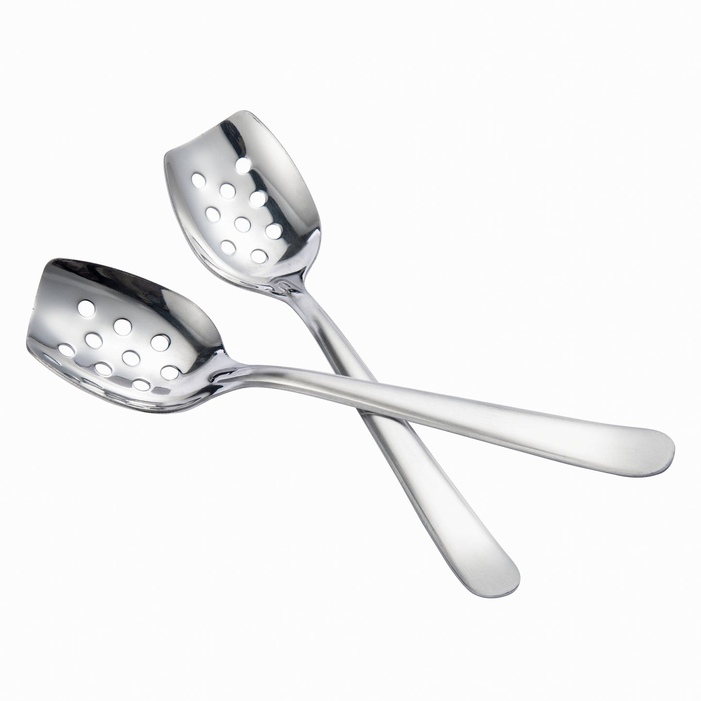 IMEEA Two Piece Stainless Steel Slotted Spoon Set showcasing perforated bowl designs for cooking and serving