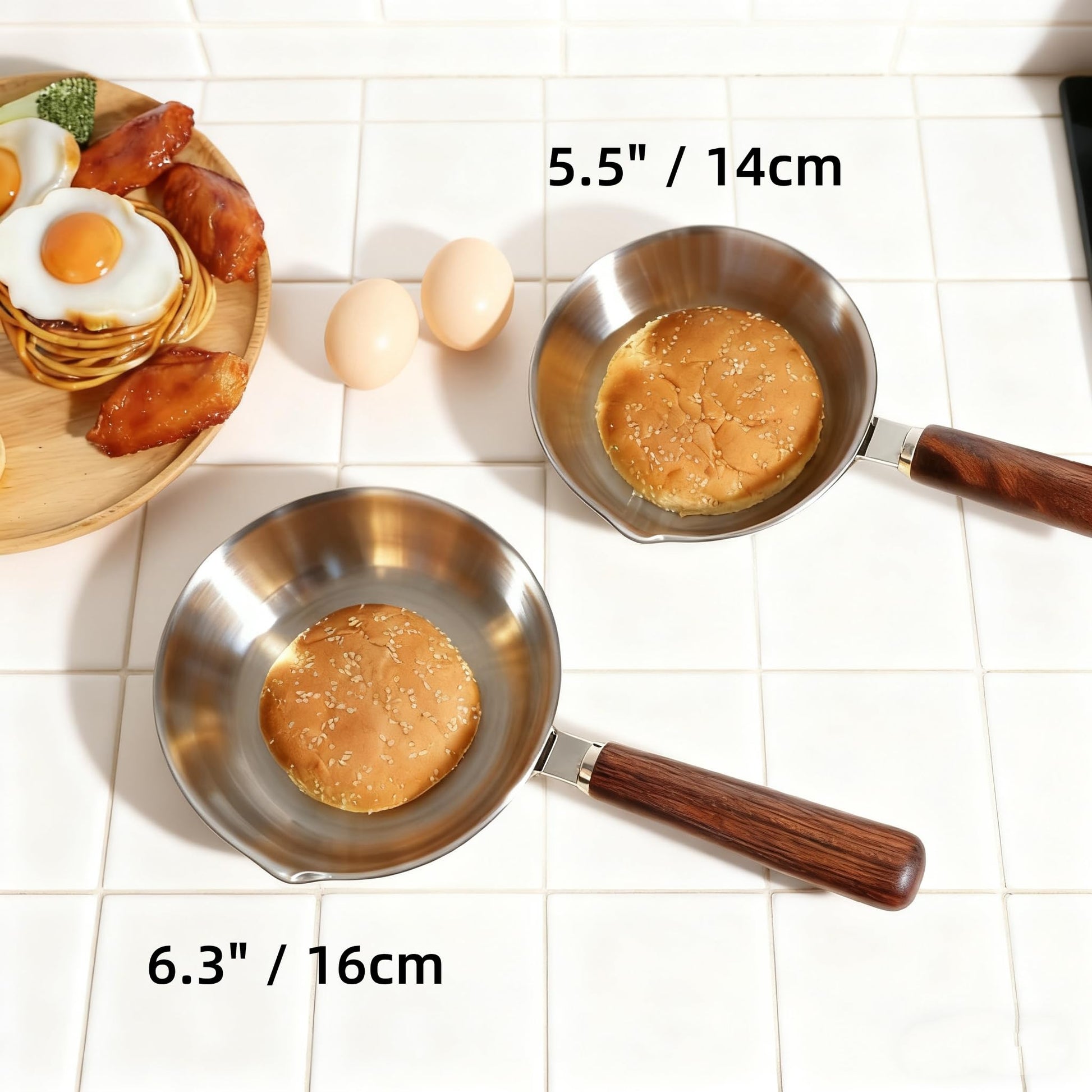 IMEEA Mini Frying Pan comparison showing 6.3inch and 5.5inch pan size differences