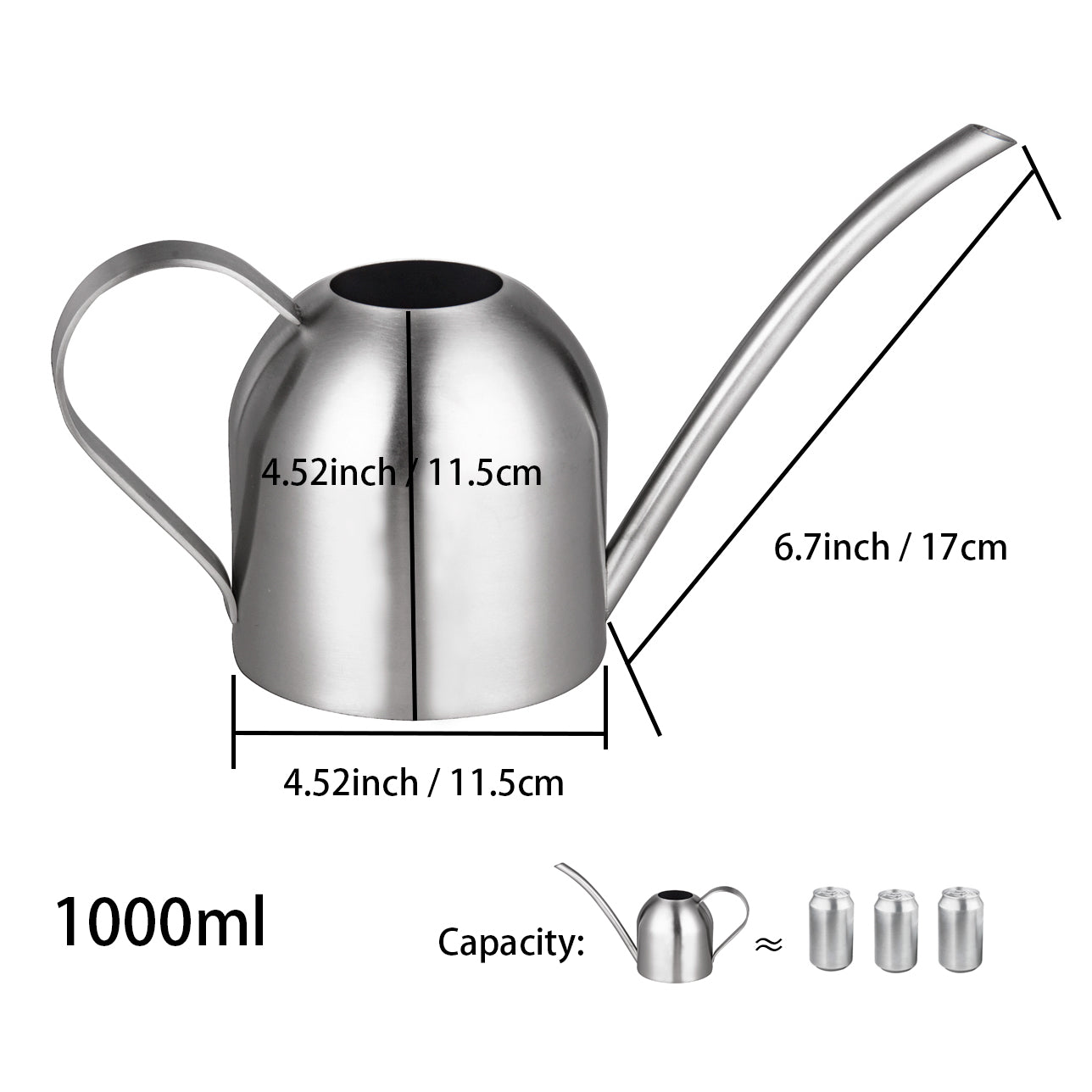 IMEEA Stainless Steel Indoor Watering Can 33oz with size and capacity details
