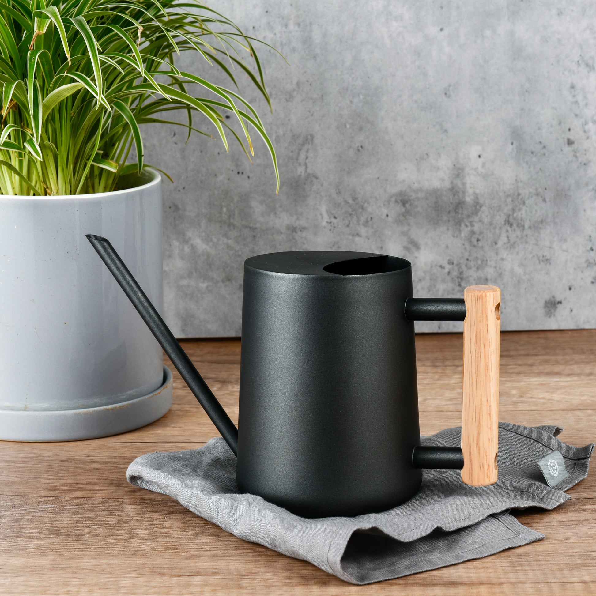 IMEEA Stainless Steel Watering Can with Wooden Handle on table