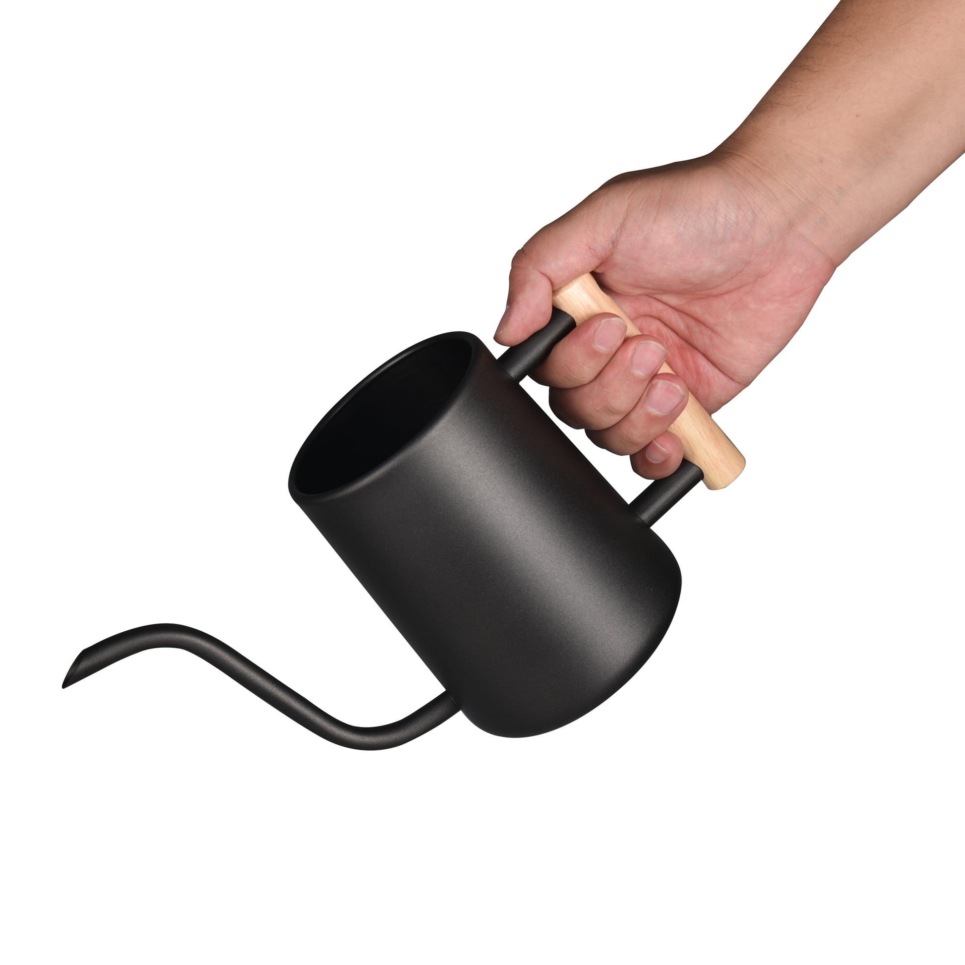 Black Stainless Steel Plant Watering Pot held by han