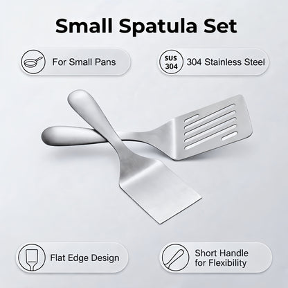 Short Handle SUS304 Stainless Steel Spatula featuring a thin flat edge for controlled cooking on small pans
