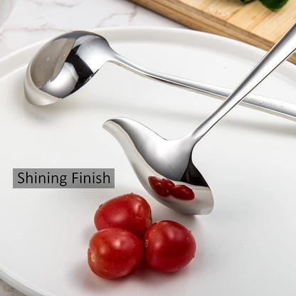 IMEEA stainless steel ladles with smooth polished surfaces reflecting tomatoes on the plate