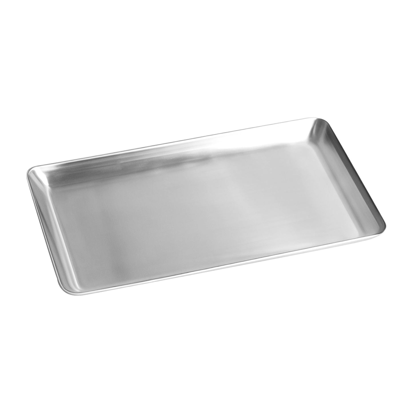 Silver rectangular brushed stainless steel tray for snacks, drinks, or desk accessories