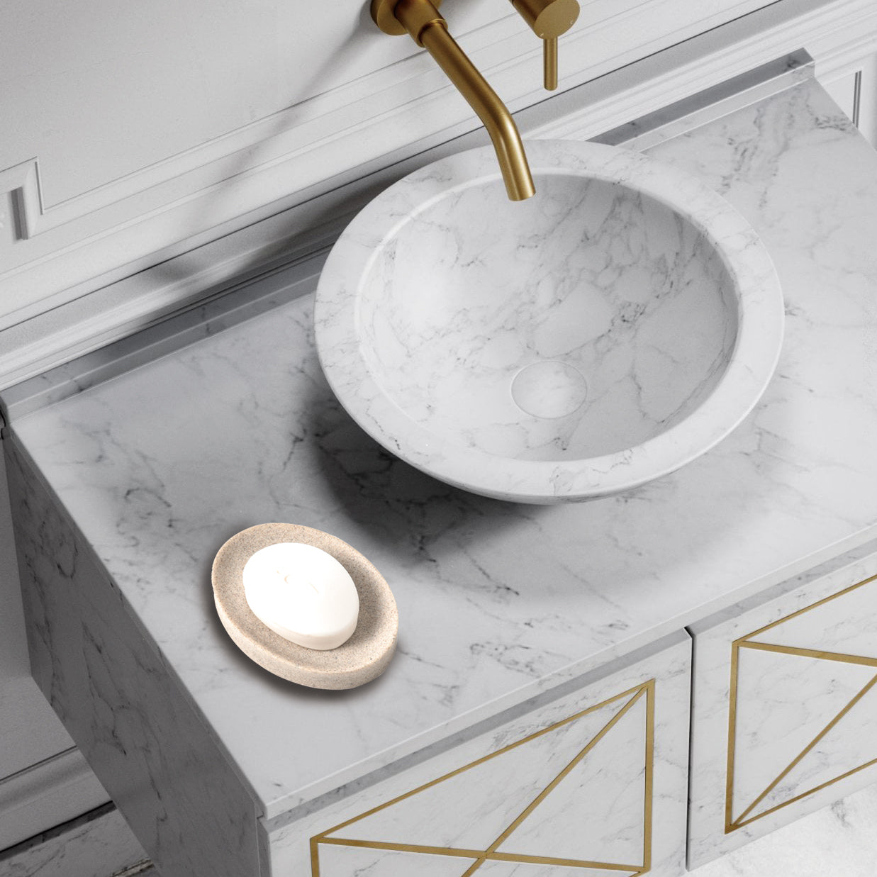 IMEEA Beige Resin Soap Dish with bar soap beside a bathroom sink
