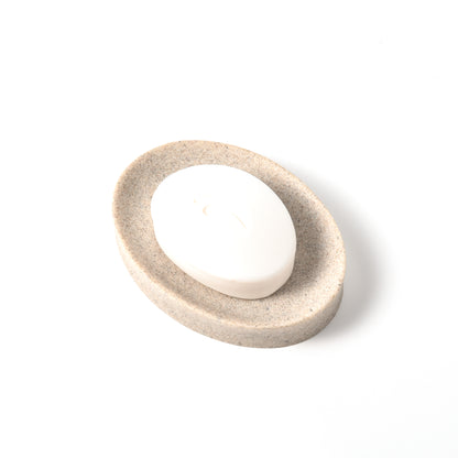 IMEEA Resin Soap Dish with bar soap displayed from a top view, highlighting its clean and elegant appearance