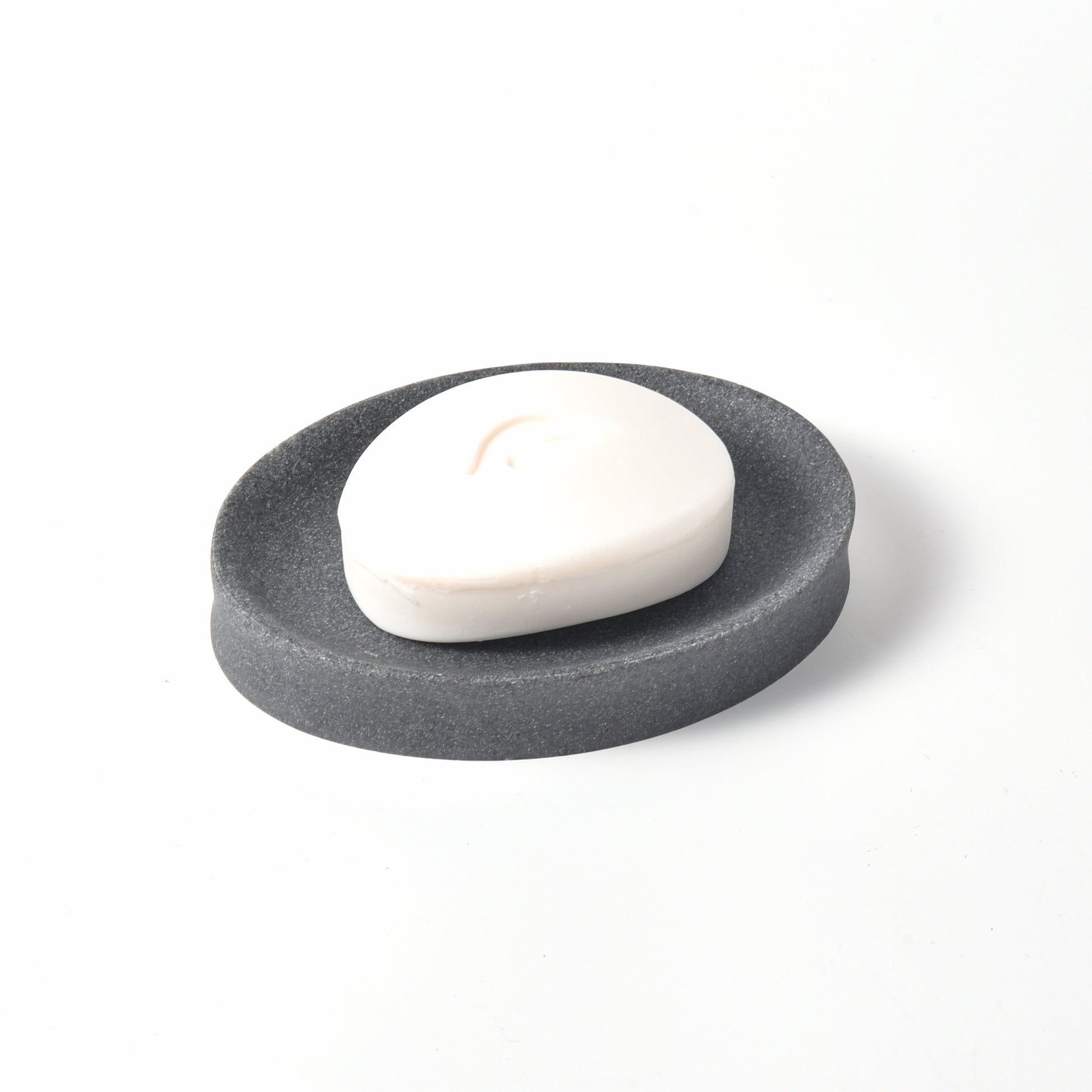 IMEEA Grey Resin Soap Dish with bar soap showcasing its modern design and practical everyday use