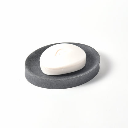 IMEEA Grey Resin Soap Dish with bar soap showcasing its modern design and practical everyday use