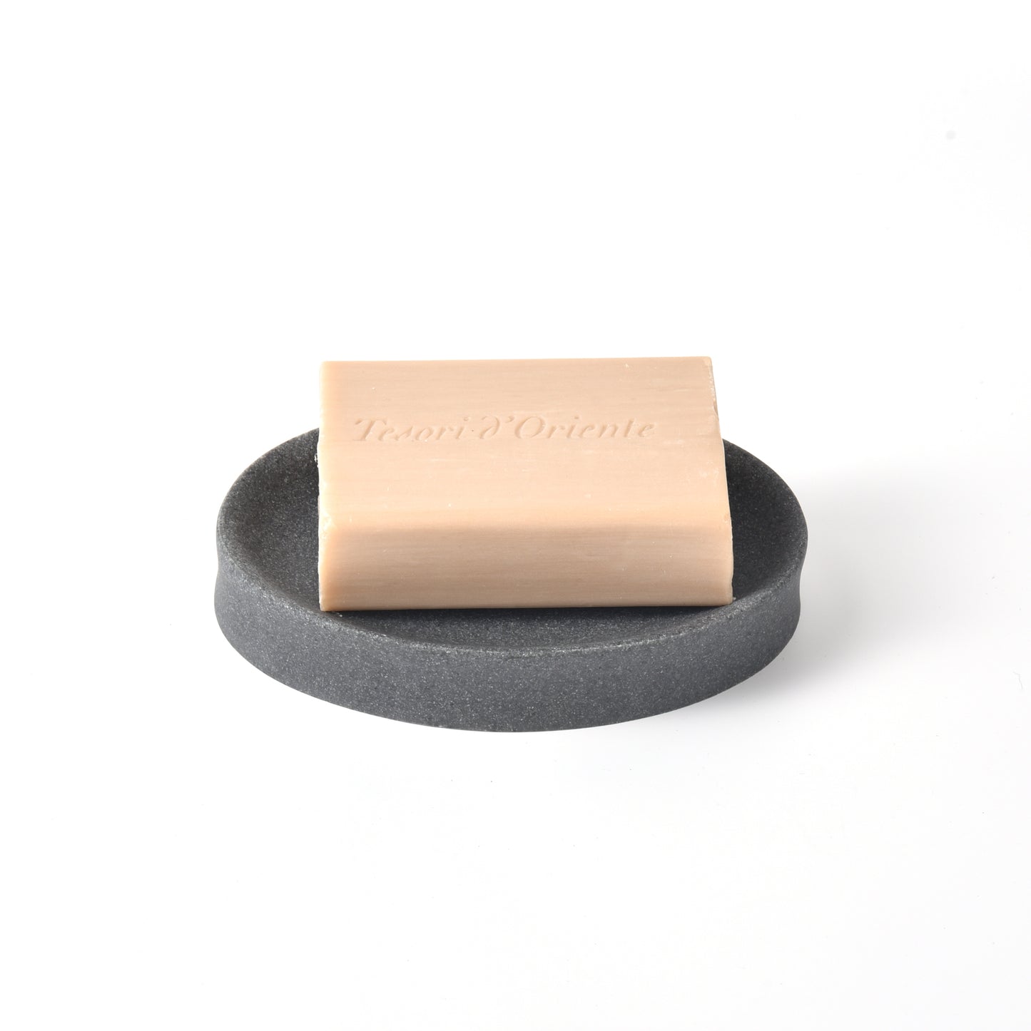 Grey Resin Soap Dish holding a rectangular bar soap with a sleek minimalist design