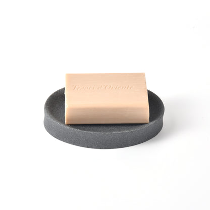 Grey Resin Soap Dish holding a rectangular bar soap with a sleek minimalist design