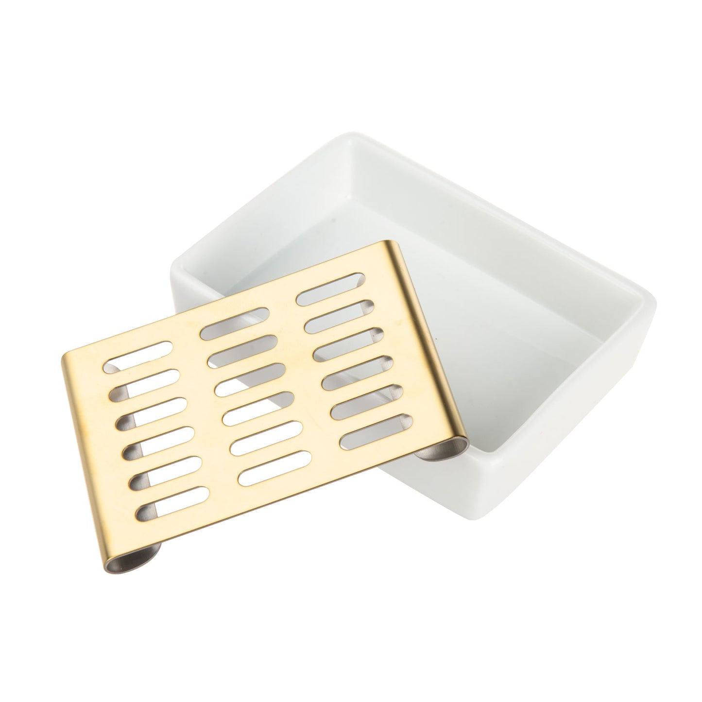 IMEEA SUS304 Stainless Steel Soap Dish 3.9inch showing removable tray and ceramic dish components