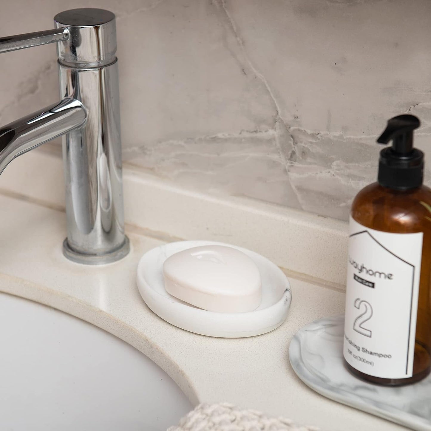 Marble Look Resin Soap Dish holding soap beside bathroom sink