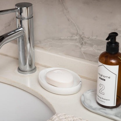 Marble Look Resin Soap Dish holding soap beside bathroom sink