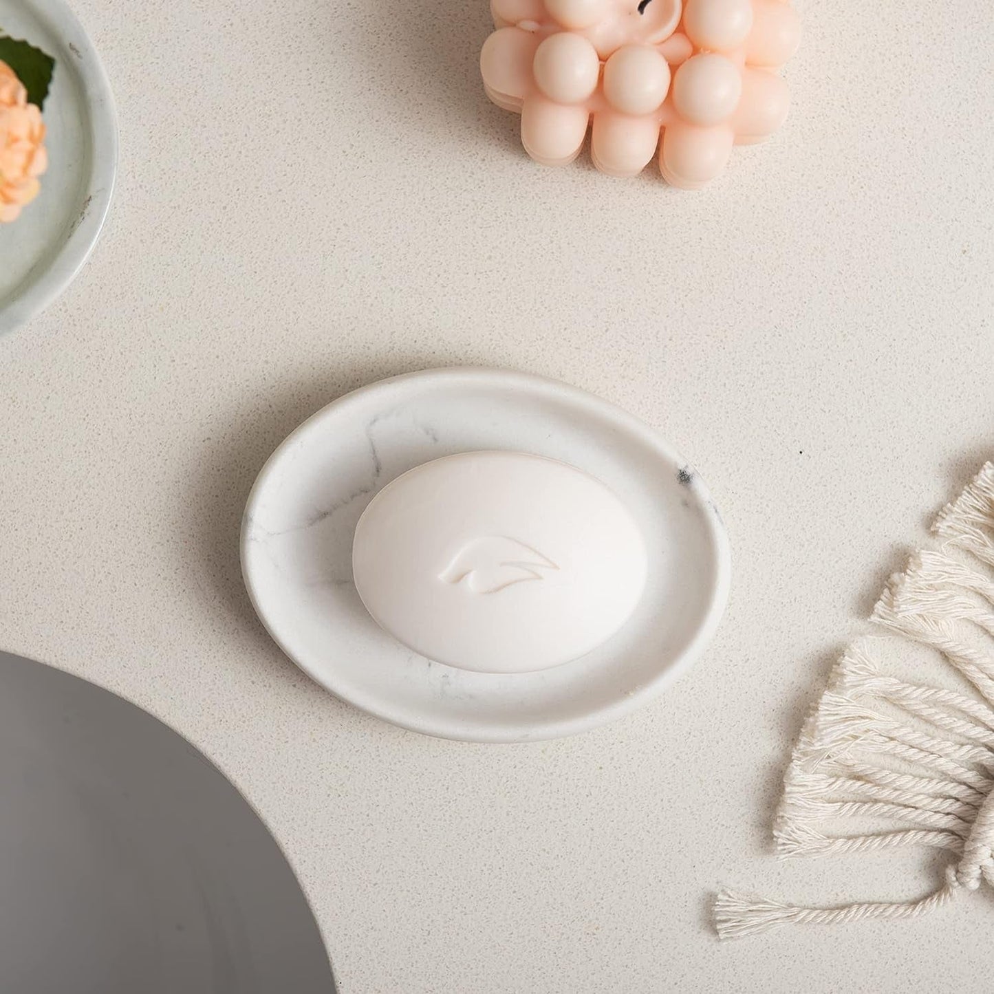 Cozy Marble Look Resin Soap Dish placed in a warm home setting