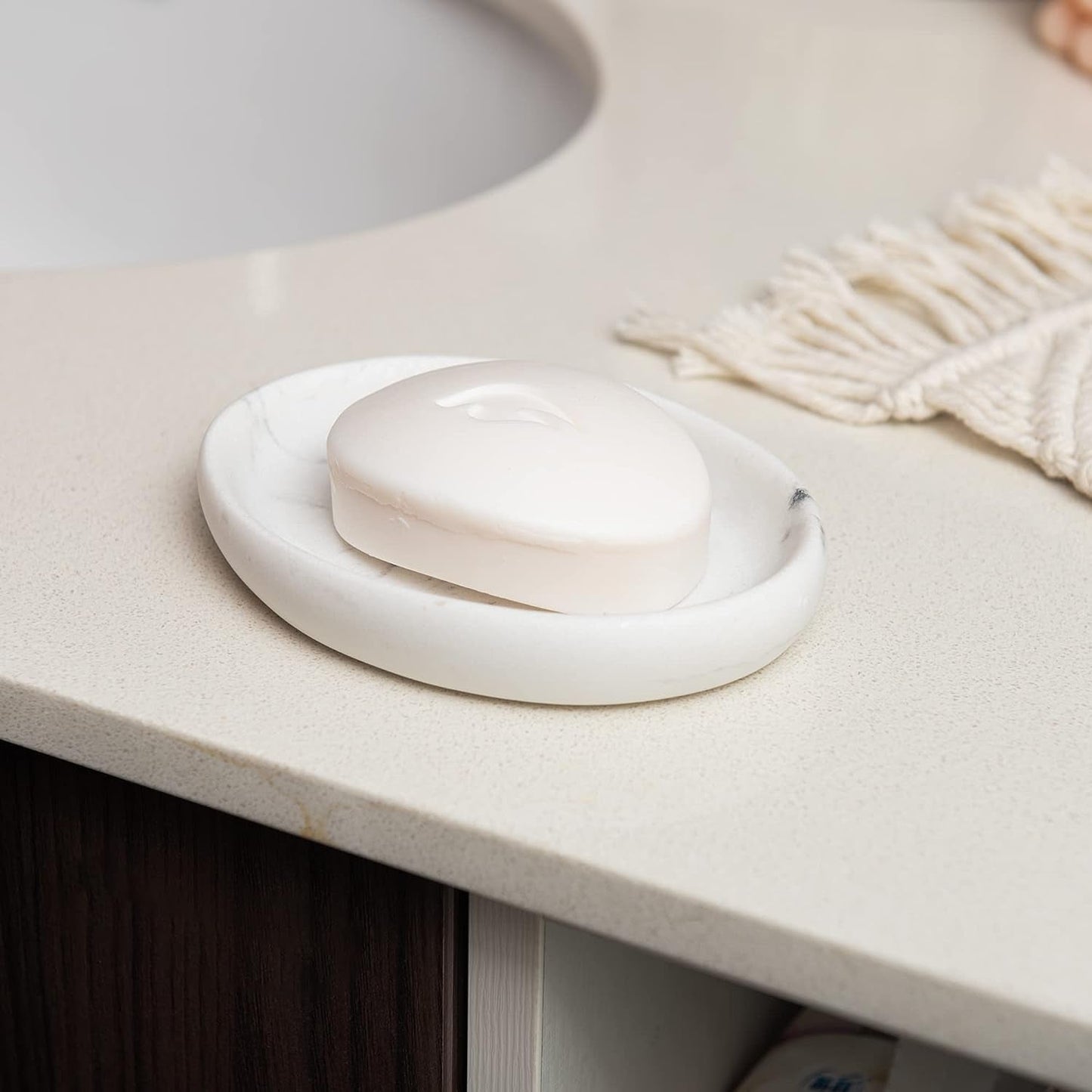 Minimalist Marble Look Resin Soap Dish with soft colors placed beside bathroom sink