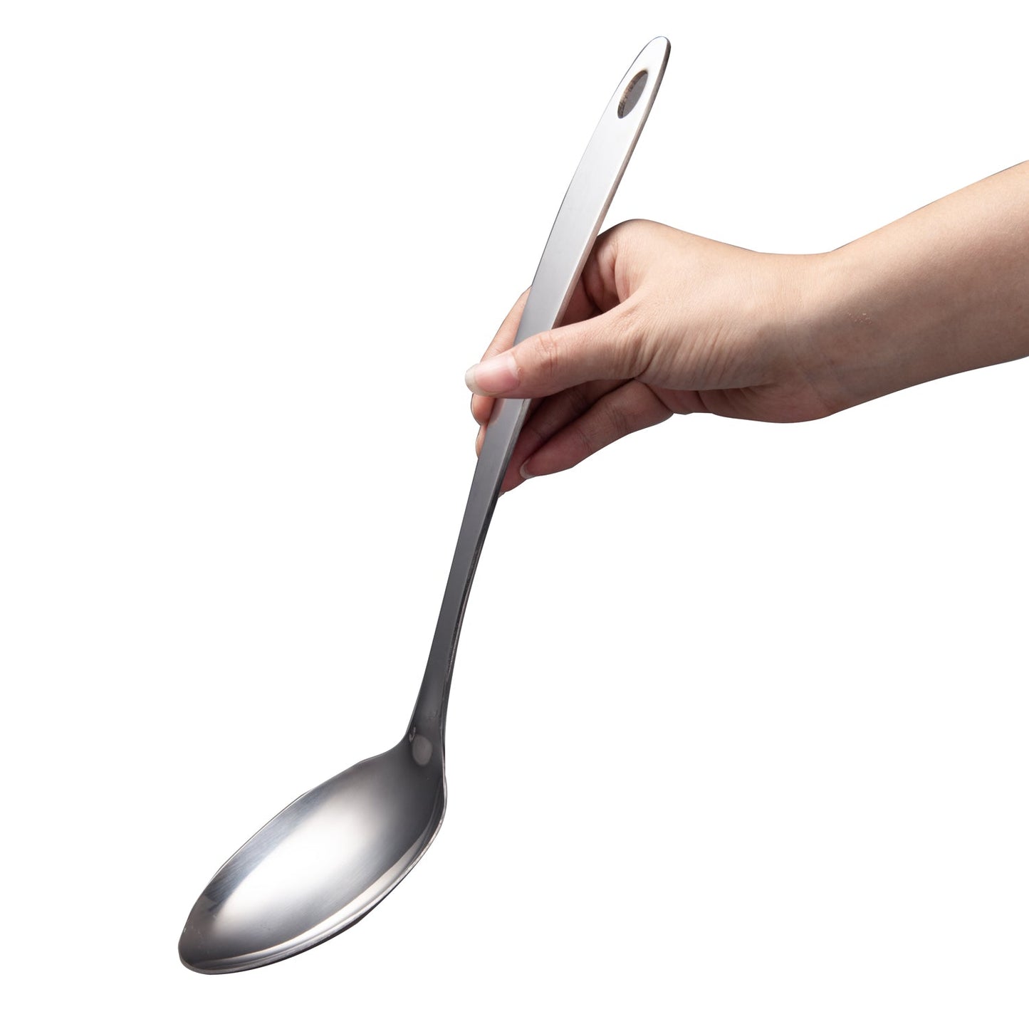 IMEEA stainless steel serving spoon set with solid serving spoon held in hand, 12.8-inch long handle