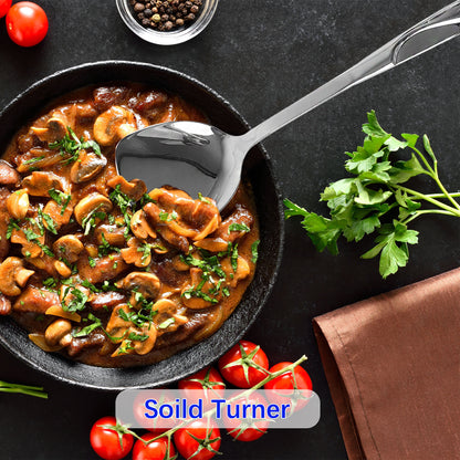 Versatile SUS304 Stainless Steel Solid Turner in a pan with food for everyday cooking