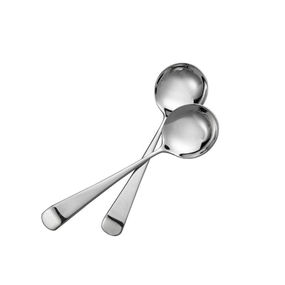 IMEEA SUS304 Stainless Steel Soup Spoons with deep bowls and a balanced design shown in a stacked arrangement