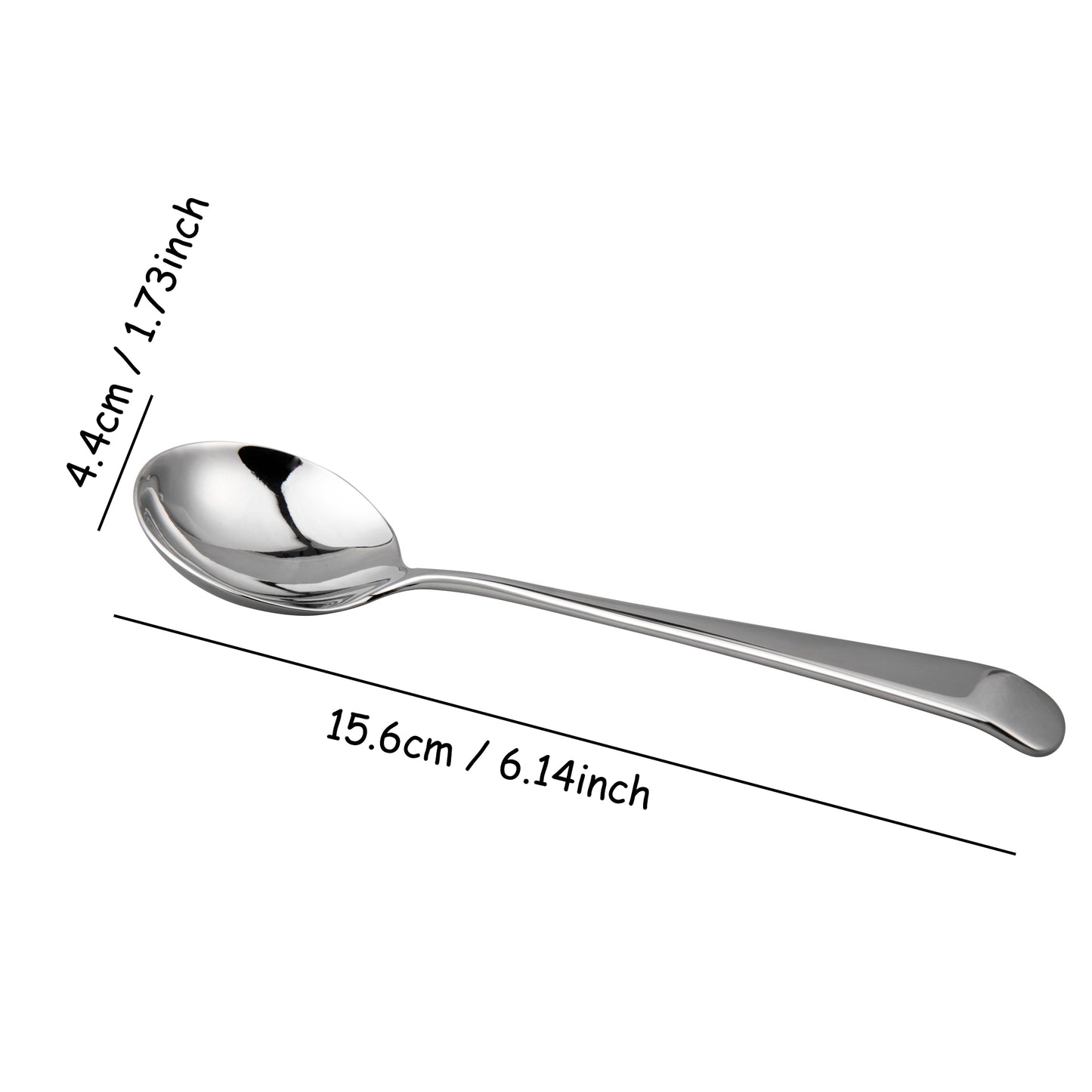 SUS304 Stainless Steel Soup Spoon size guide showing 6.14 inch overall length and 1.73 inch bowl width measurements