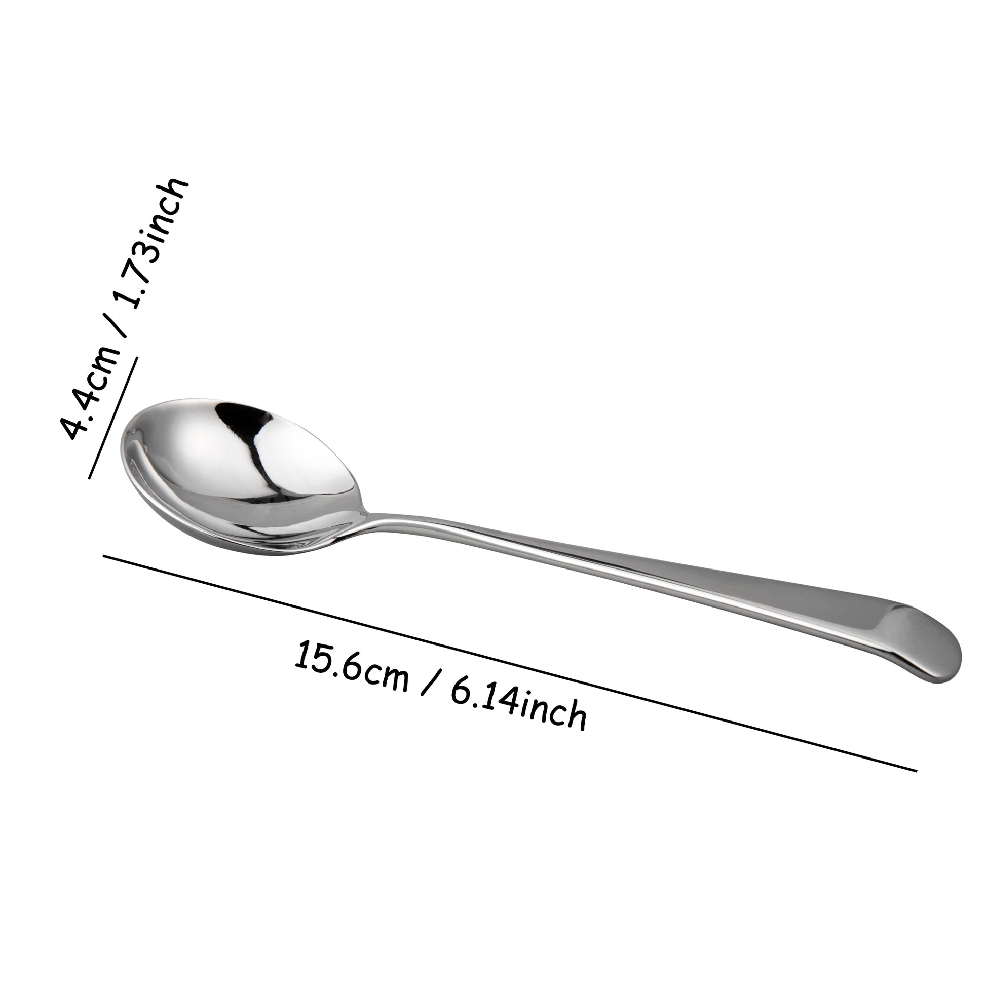 SUS304 Stainless Steel Soup Spoon size guide showing 6.14 inch overall length and 1.73 inch bowl width measurements