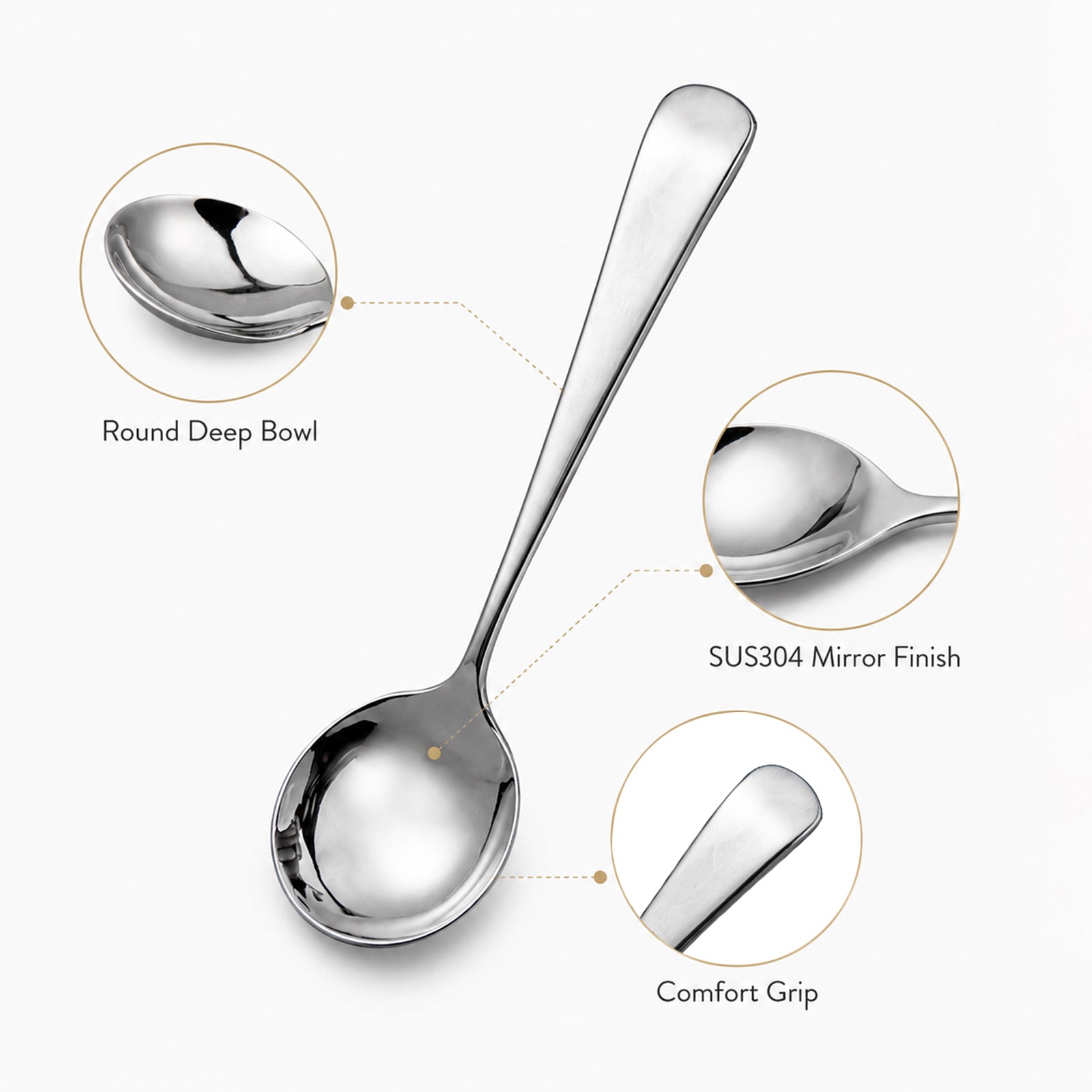 Stainless steel Soup Spoon close-up showing the deep round bowl, polished finish, and comfortable grip