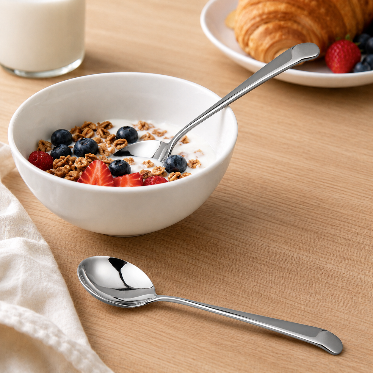 SUS304 Stainless Steel Soup Spoon in a cereal bowl on a dining table, featuring a deep bowl design for everyday dining