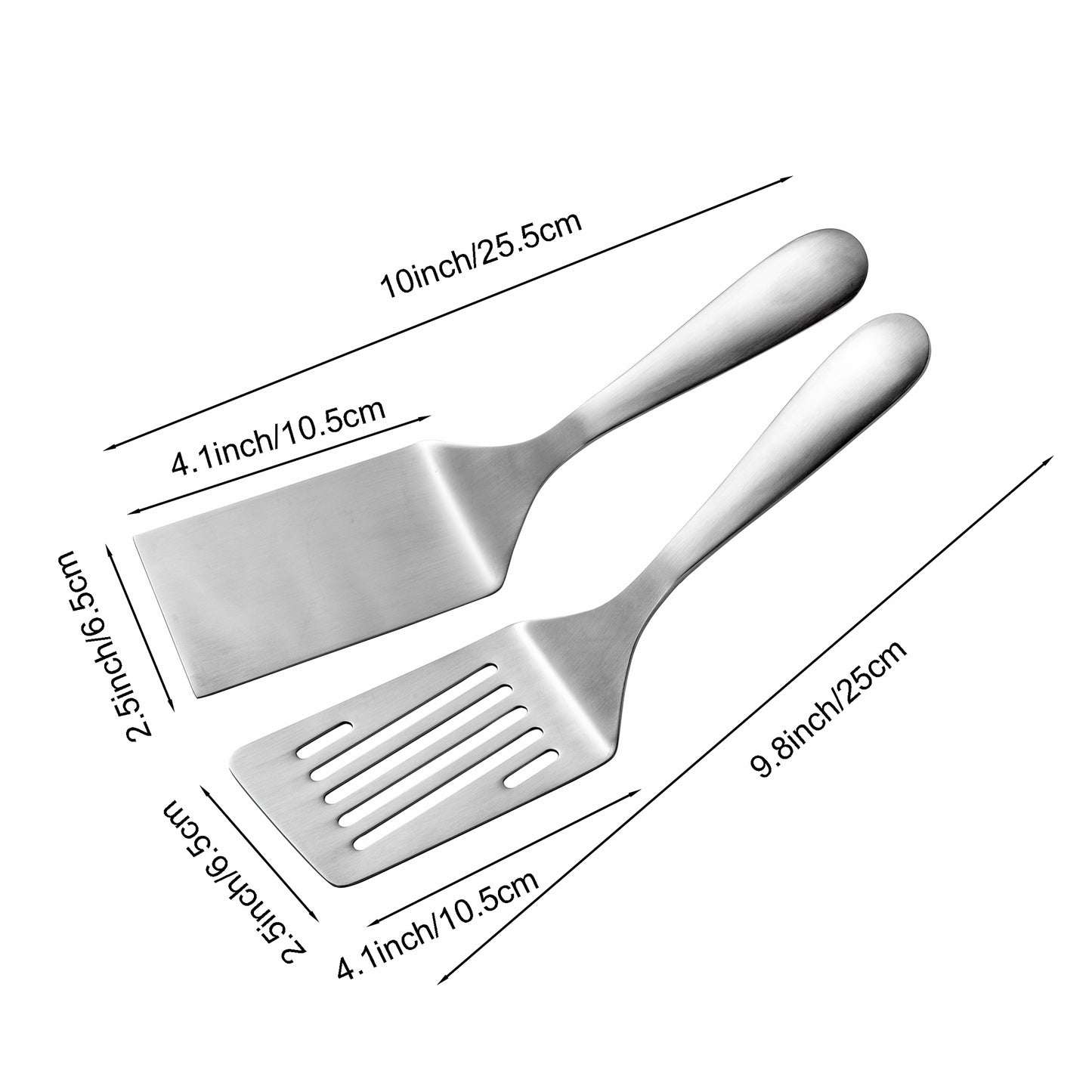 IMEEA Stainless Steel Spatula Set with measured handle and blade dimensions for solid and slotted turners