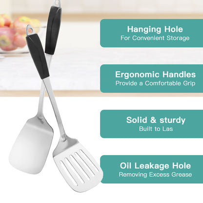 IMEEA stainless steel spatula with hanging hole, ergonomic handle, and oil-draining slots