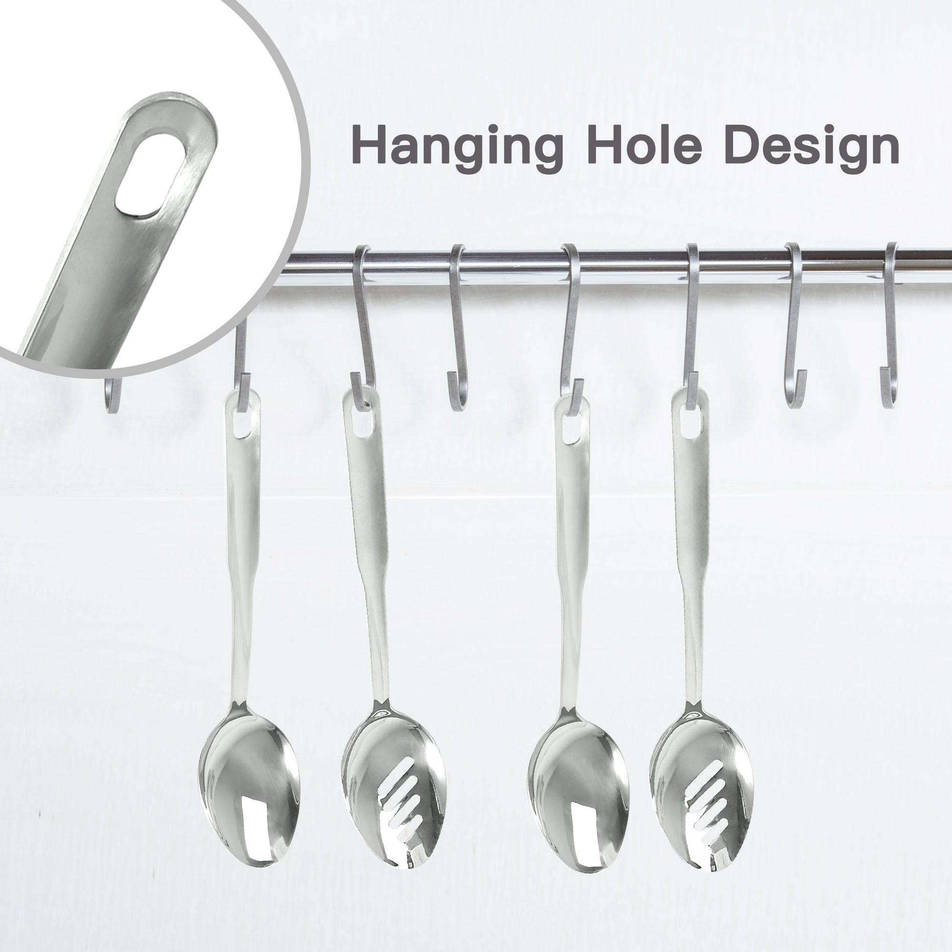 Stainless steel spoon featuring a built-in hanging hole design for easy storage