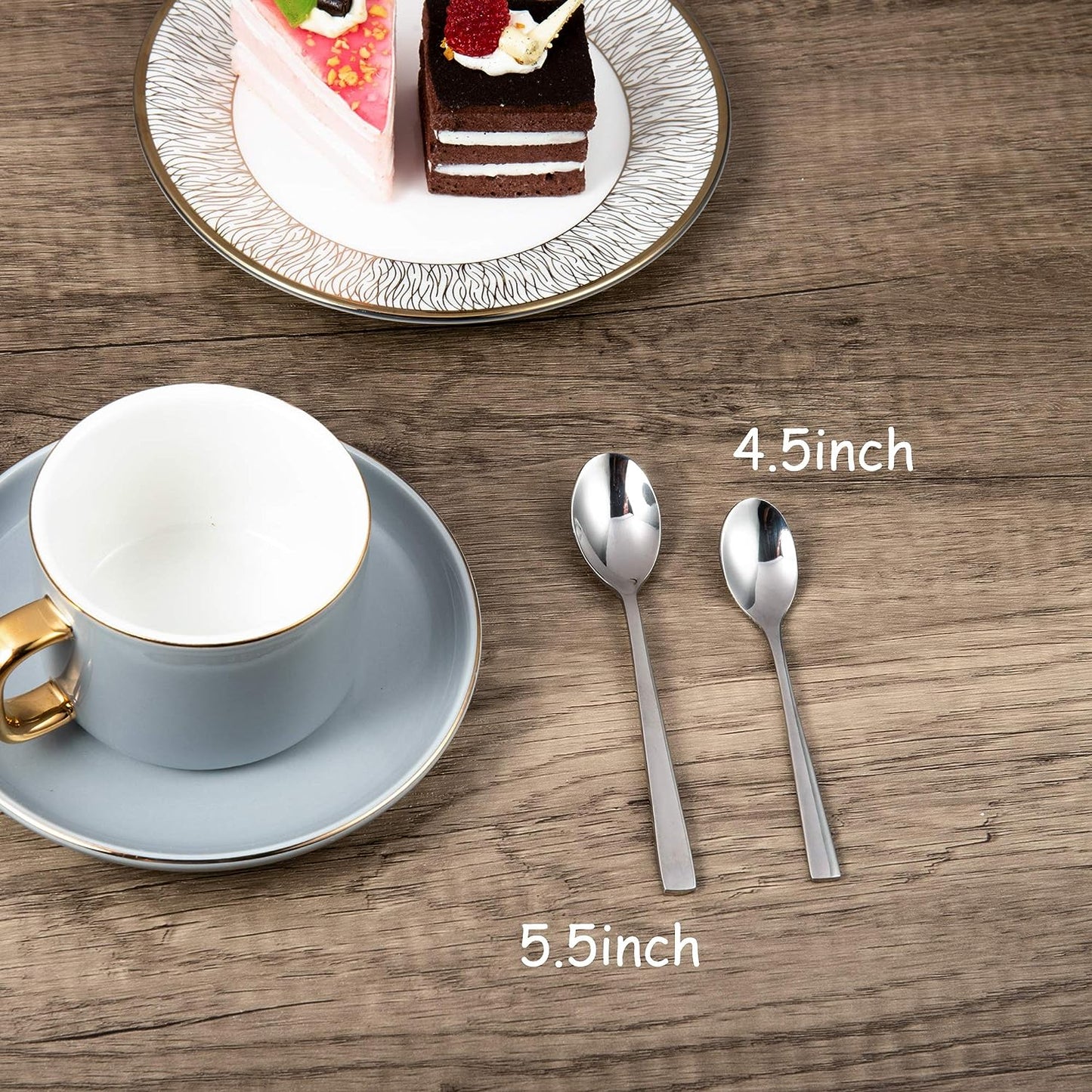 Mini SUS304 Stainless Steel Spoons showing 4.5in and 5.5in size comparison on a table