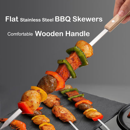 IMEEA Flat Kebab Skewers with grilled meat showcasing stainless steel skewer body and comfortable wooden handle